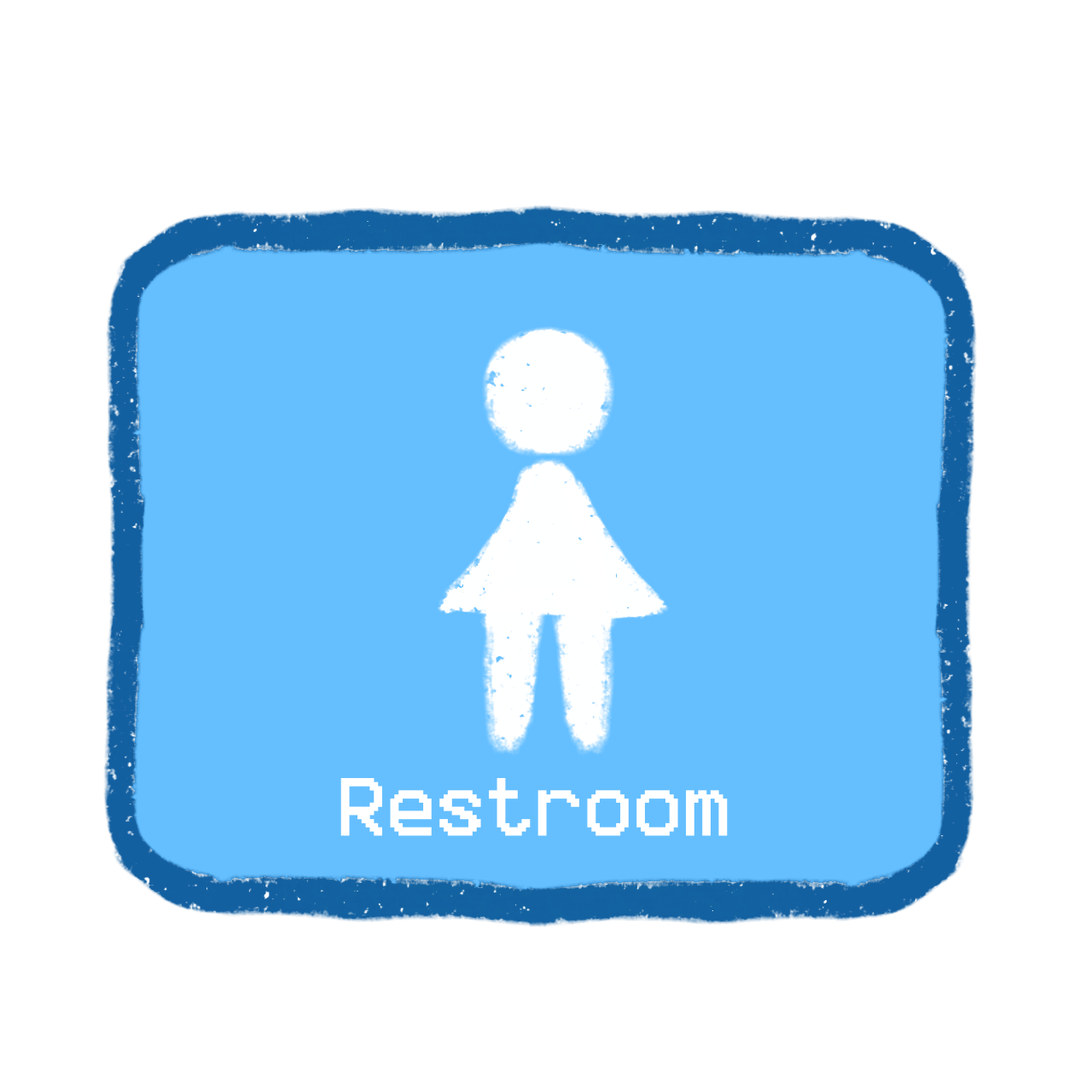 a sign for the womens restroom. It has a blue background with a white stick figure of a person wearing a dress and the word 'Restroom' written below it.